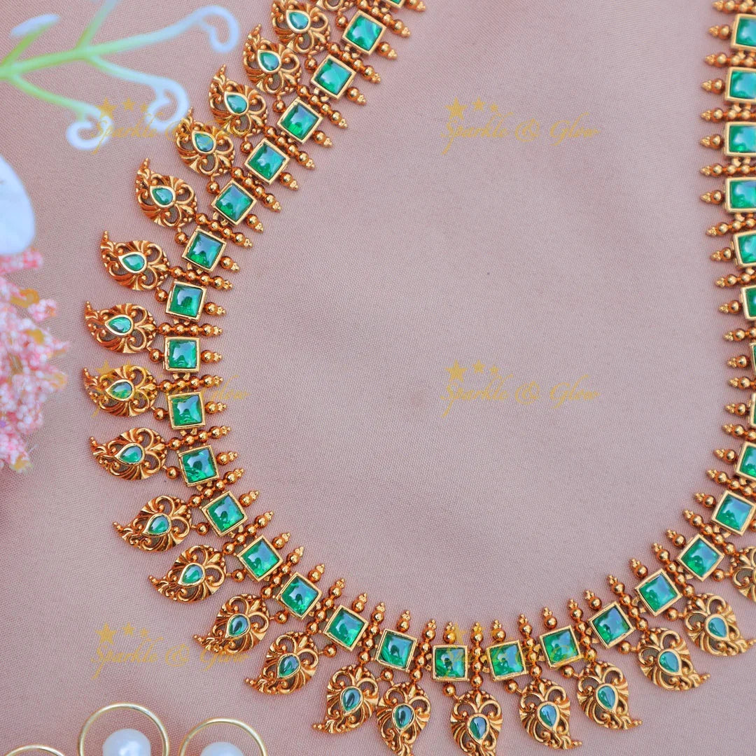 Stunning Antique Matte Gold alike Square Floral Haram with Green Stones - Sparkle and Glow