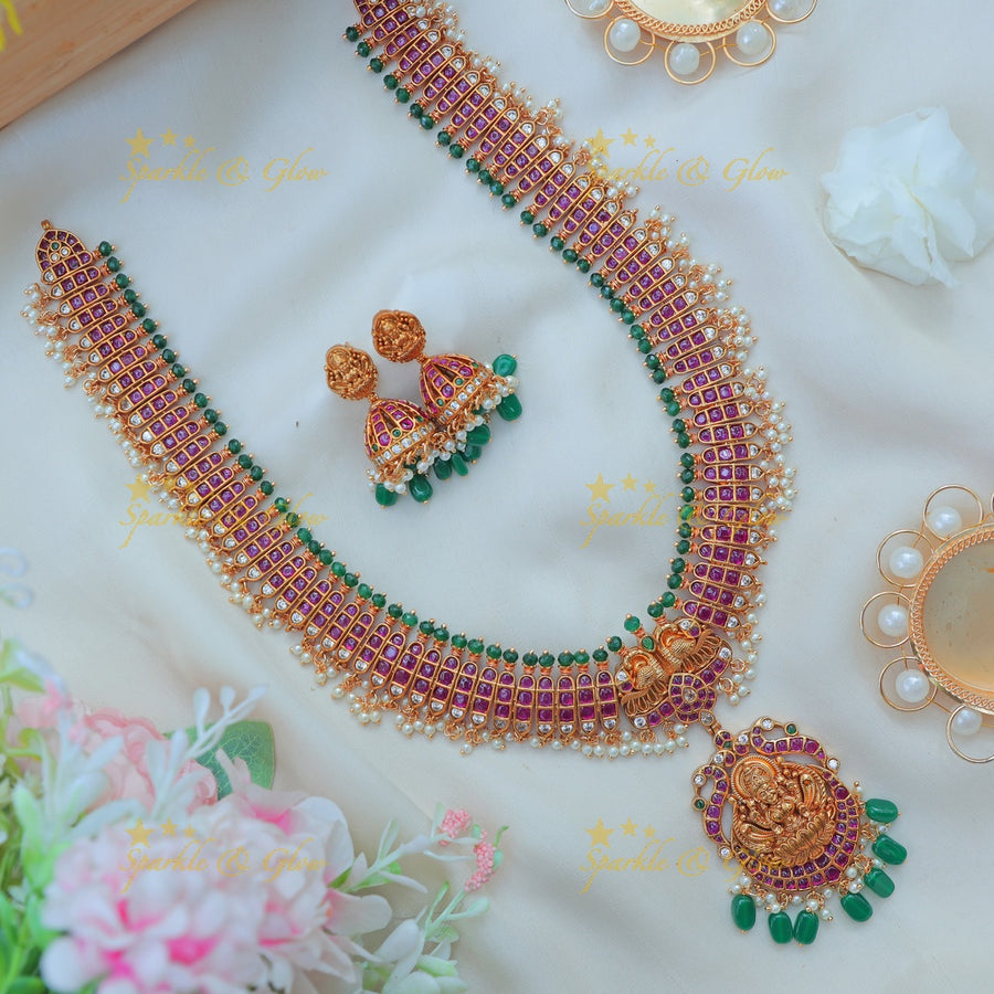 Stunning Antique gold alike Lakshmi Temple Haram with Green Beads and Pearls - Sparkle and Glow