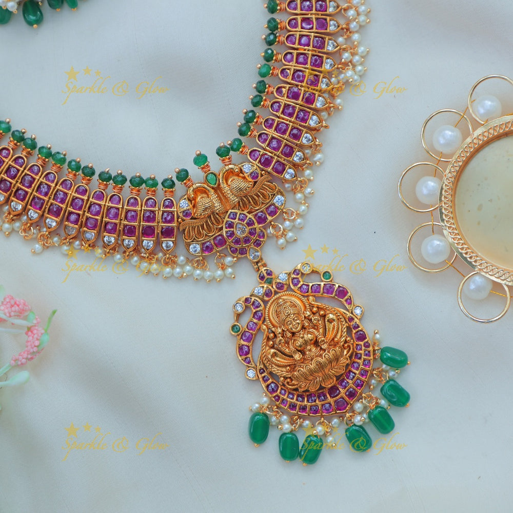 Stunning Antique gold alike Lakshmi Temple Haram with Green Beads and Pearls - Sparkle and Glow