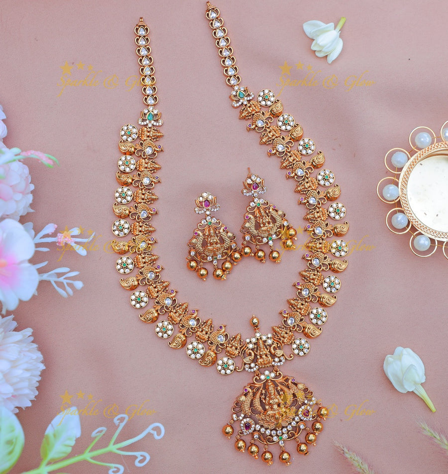 Beautiful Antique gold alike Lakshmi Temple Necklace Set with Gold Ball Drops - Sparkle and Glow
