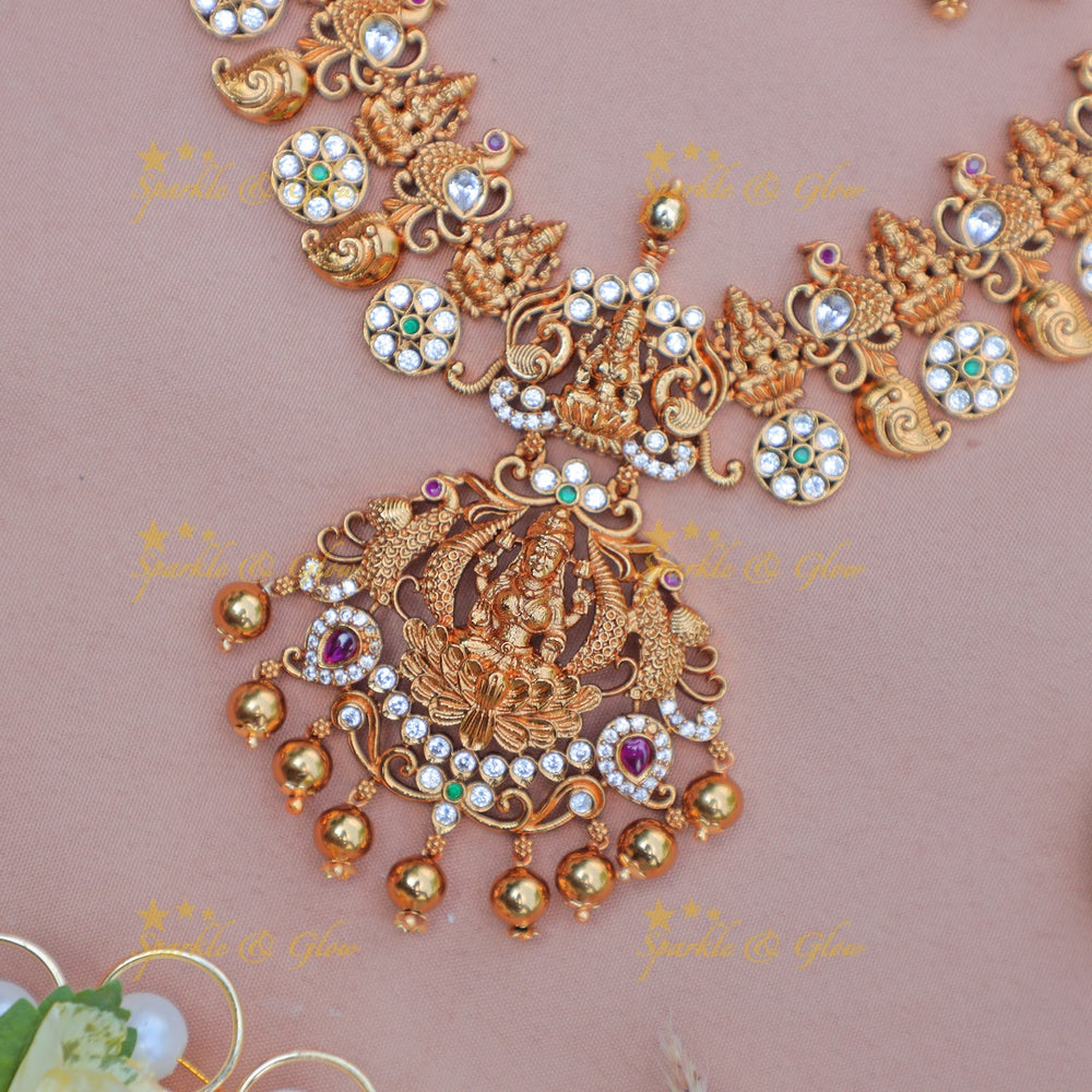 Beautiful Antique gold alike Lakshmi Temple Necklace Set with Gold Ball Drops - Sparkle and Glow