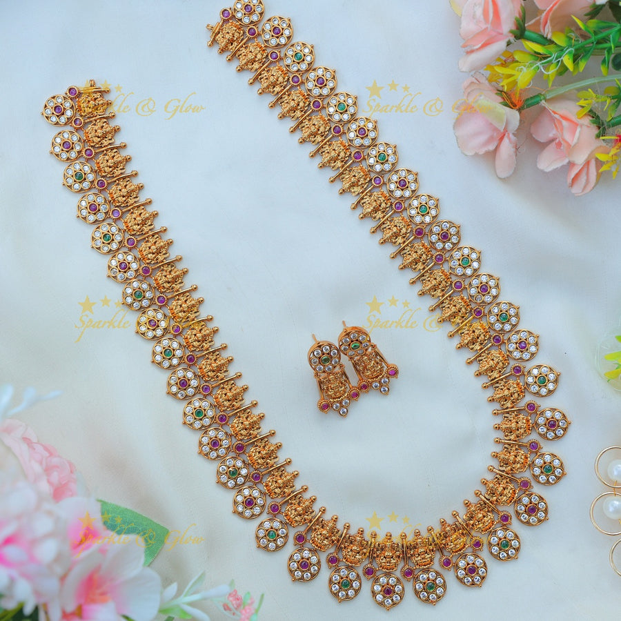 Elegant Antique gold alike Guttapusalu Lakshmi Haram with Multicolor Stones - Sparkle and Glow