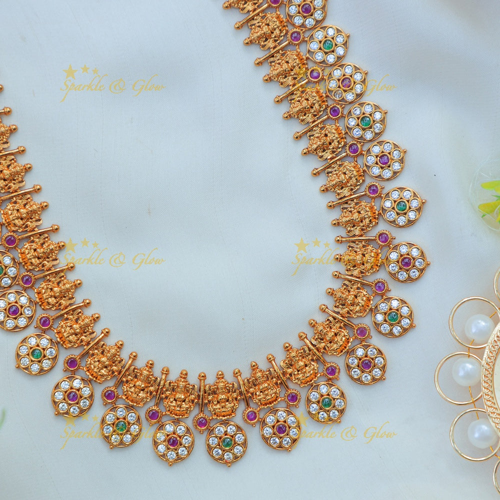 Elegant Antique gold alike Guttapusalu Lakshmi Haram with Multicolor Stones - Sparkle and Glow