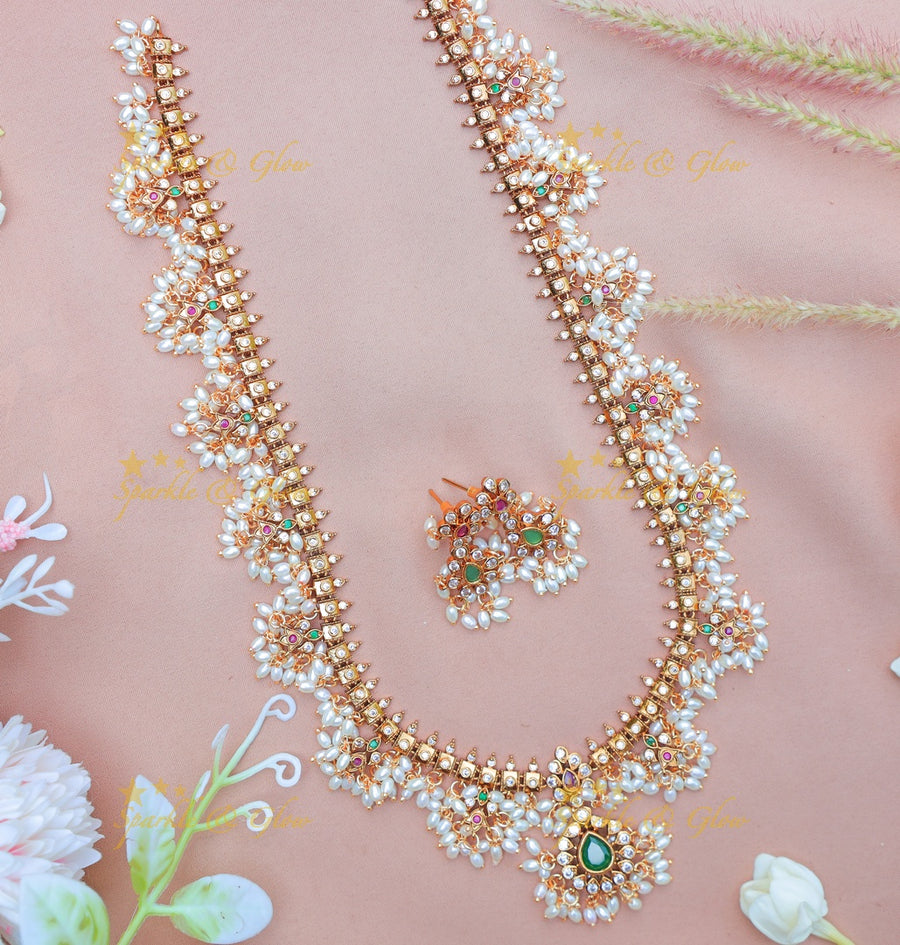 Stunning Floral Guttapusalu Haram with Green Stone Pendant and Rice pearls - Sparkle and Glow