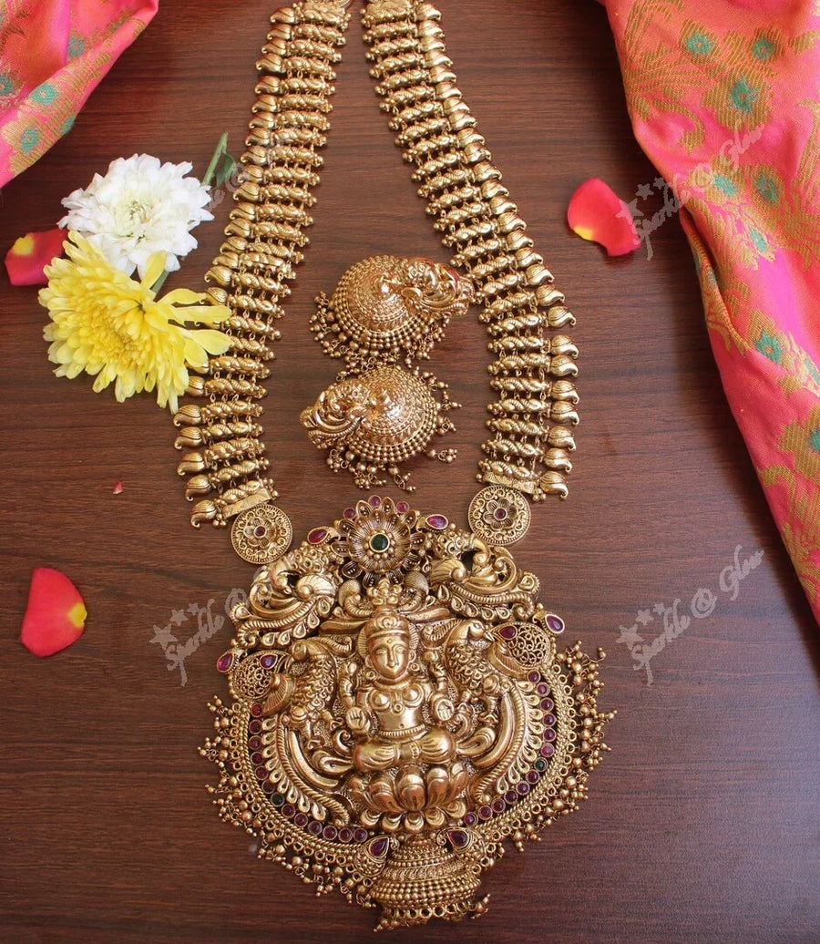 Elegant antique polished mango nagas haram - Ruby Green Beads - Sparkle and Glow