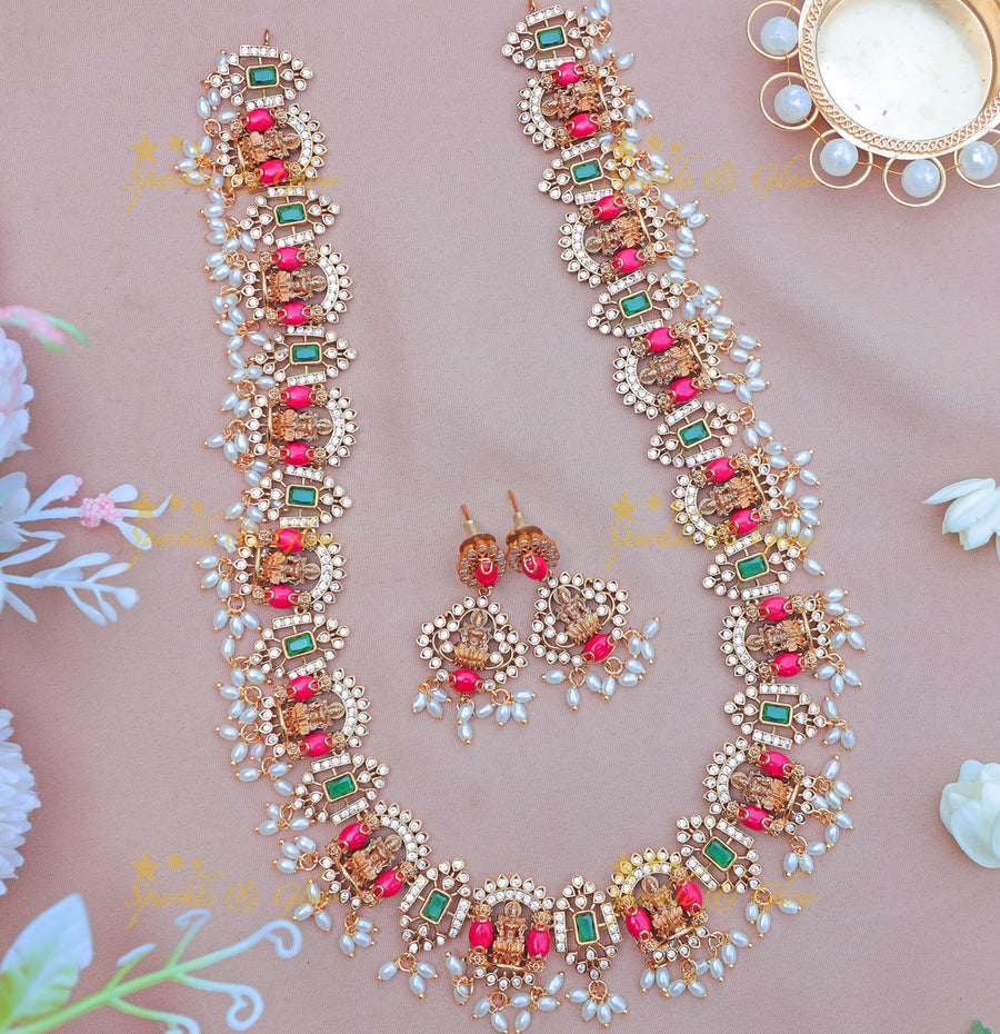 Stunning Idol Lakshmi Coral beaded Bridal Haram with rice pearls - Sparkle and Glow
