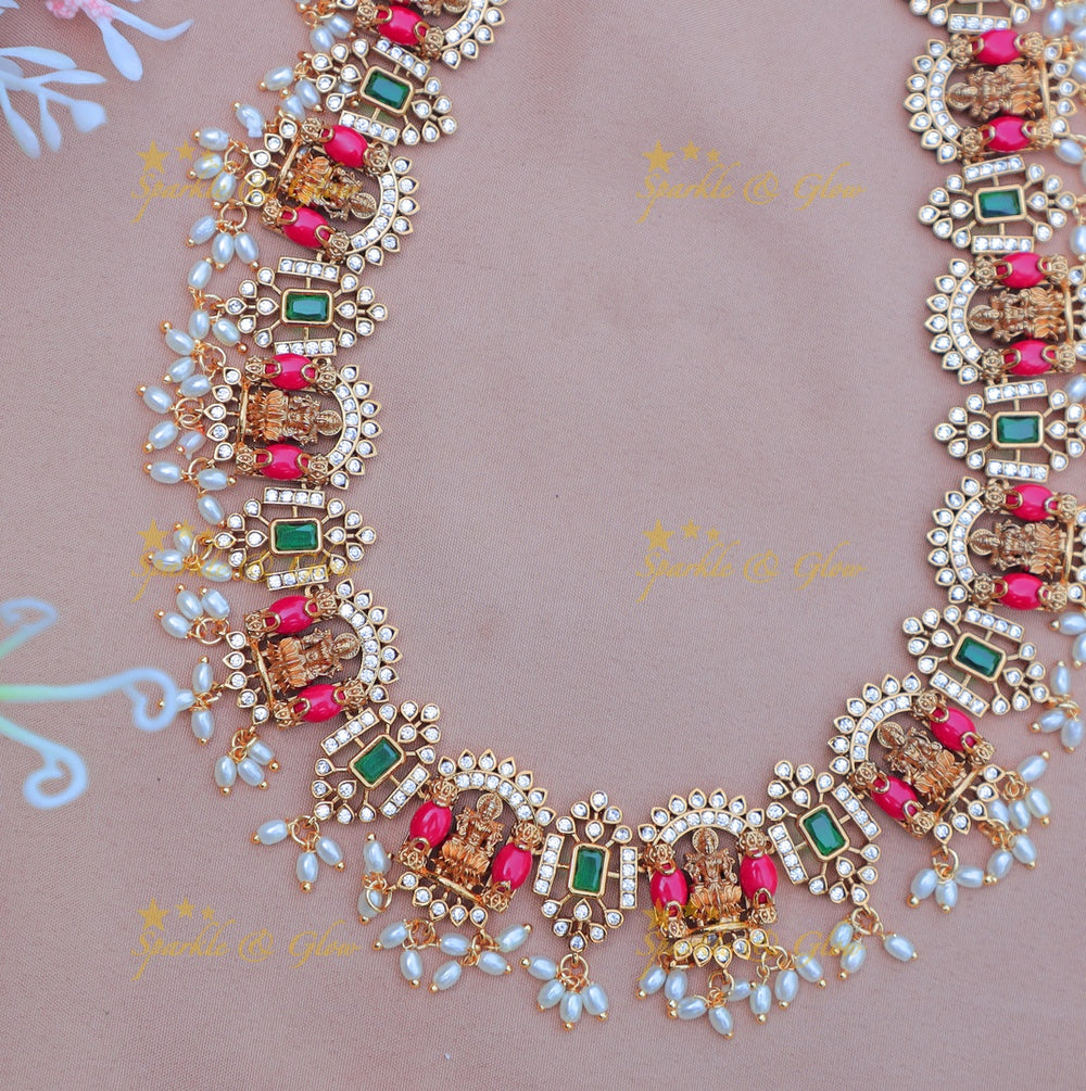 Stunning Idol Lakshmi Coral beaded Bridal Haram with rice pearls - Sparkle and Glow