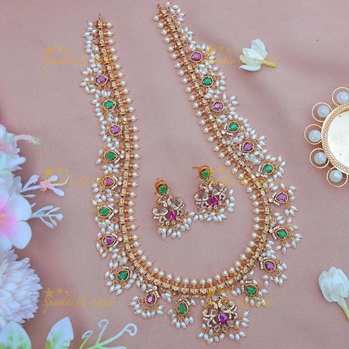 Beautiful gold alike Floral rice pearl Guttapusalu Haram with Green & Pink Stones - Sparkle and Glow