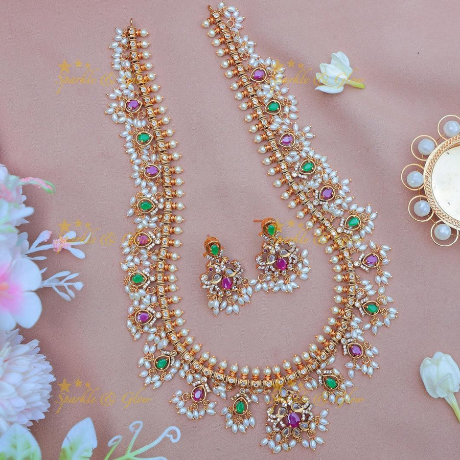 Beautiful gold alike Floral rice pearl Guttapusalu Haram with Green & Pink Stones - Sparkle and Glow