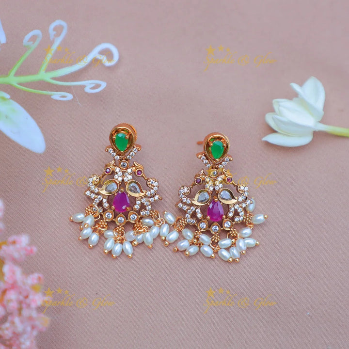 Beautiful gold alike Floral rice pearl Guttapusalu Haram with Green & Pink Stones - Sparkle and Glow