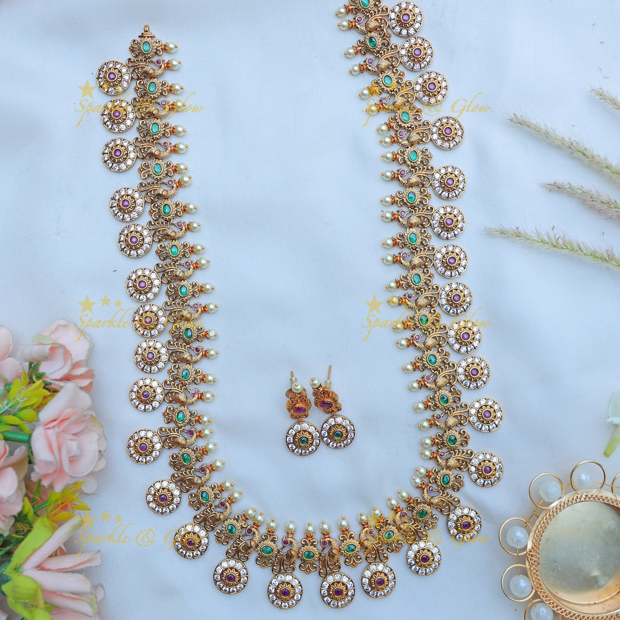 Elegant Peacock Coin Floral Rani Haram with Pearl Accents - Sparkle and Glow