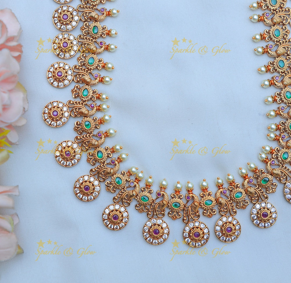 Elegant Peacock Coin Floral Rani Haram with Pearl Accents - Sparkle and Glow