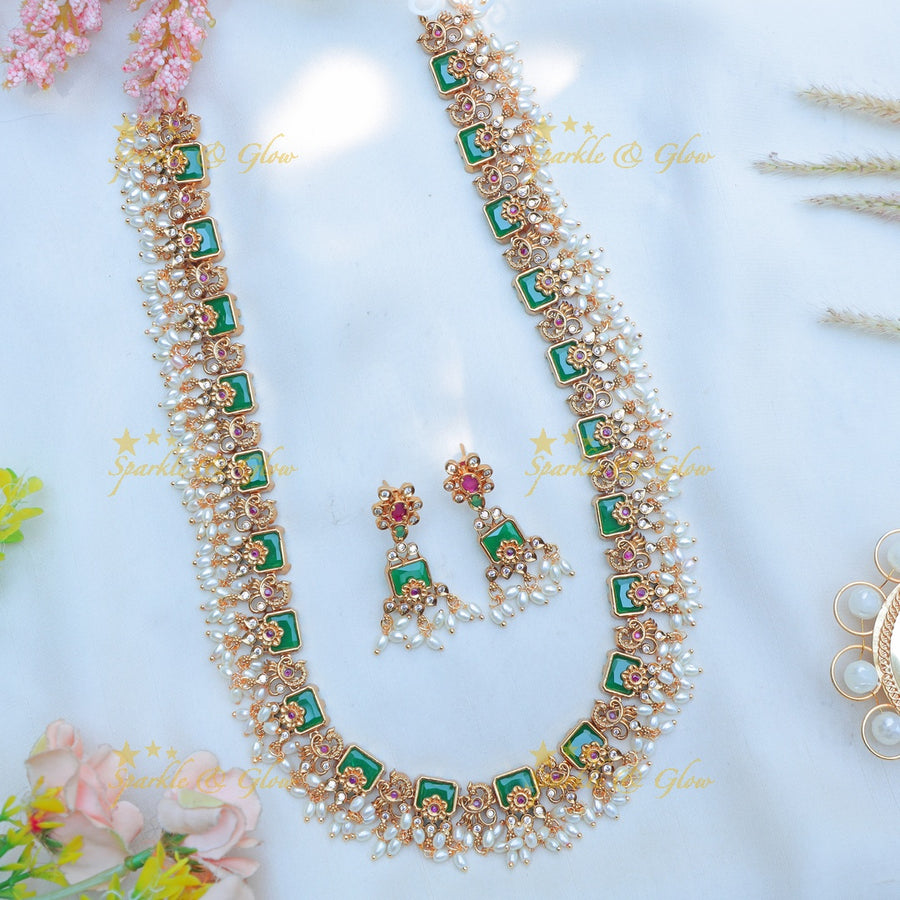 Stunning Peacock Emerald rice pearl Guttapusalu Rani Haram with Rice pearls - Sparkle and Glow