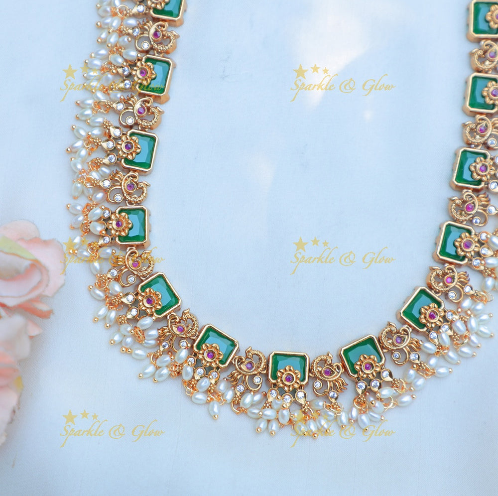 Stunning Peacock Emerald rice pearl Guttapusalu Rani Haram with Rice pearls - Sparkle and Glow