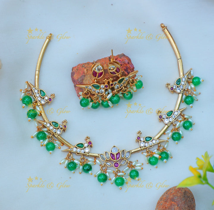 Stunning Enamel Bird Motif Hasli Necklace Set with Lotus Pendant and rice pearl