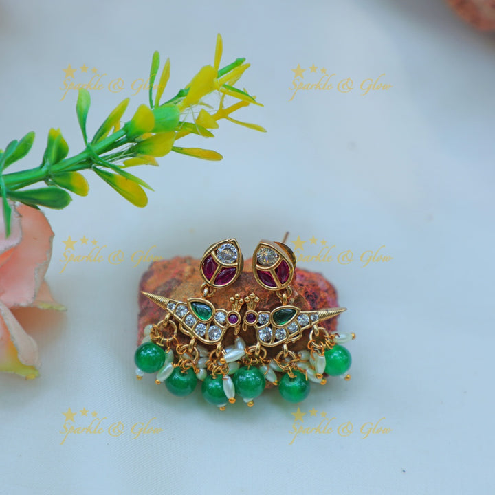 Stunning Enamel Bird Motif Hasli Necklace Set with Lotus Pendant and rice pearl