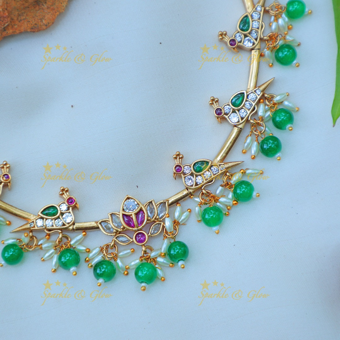 Stunning Enamel Bird Motif Hasli Necklace Set with Lotus Pendant and rice pearl