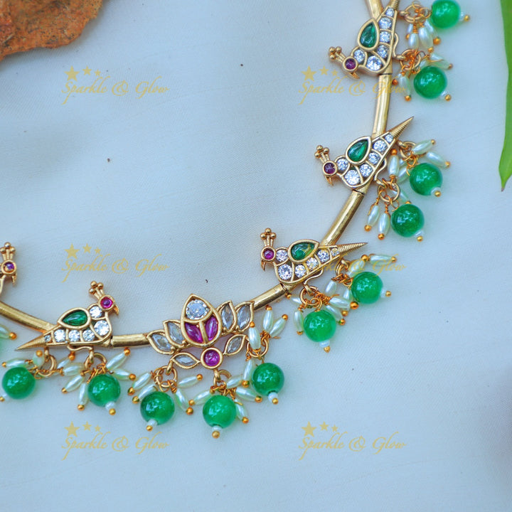 Stunning Enamel Bird Motif Hasli Necklace Set with Lotus Pendant and rice pearl