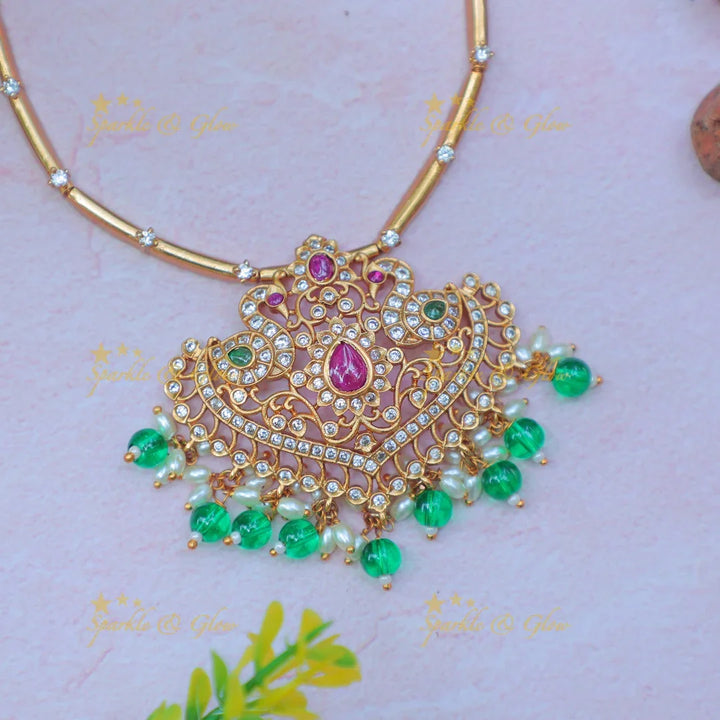 Stunning Gold alike Hasli Kanti Necklace Set with Green Beads & Stone Studded Pendant - Sparkle and Glow