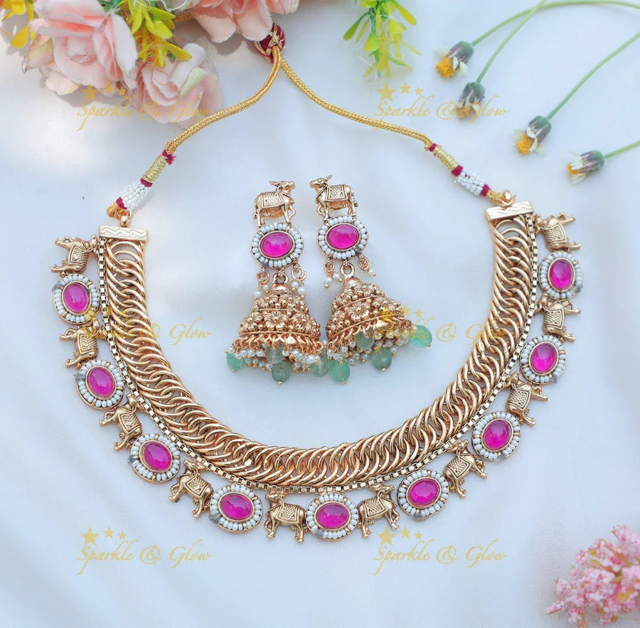Stunning Jalebi style kemp stone cow design necklace - Sparkle and Glow