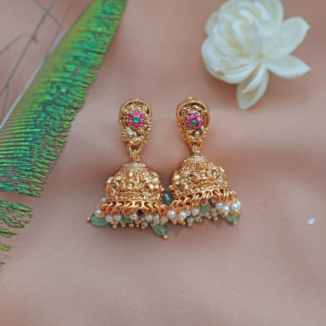 Stunning Jadau Antique jalebi Temple Necklace Set with Green Beads and Lakshmi Pendant - Sparkle and Glow