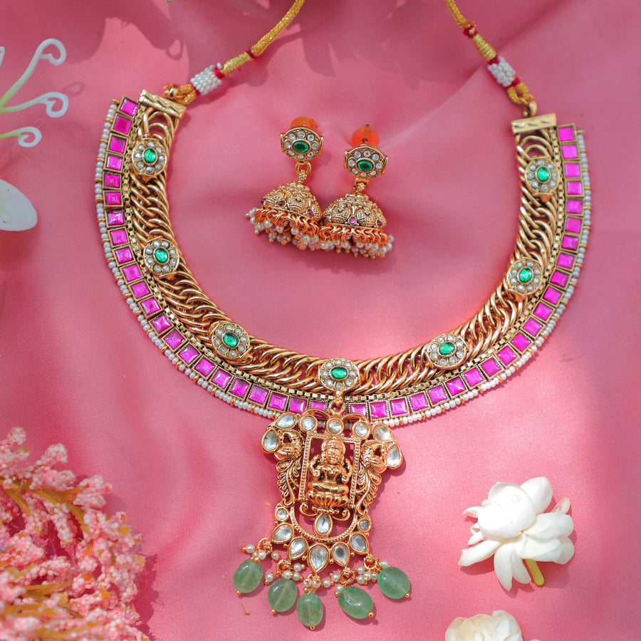 Elegant Jadau Jalebi design temple Necklace Set with Pink Stones and Lakshmi Pendant - Sparkle and Glow