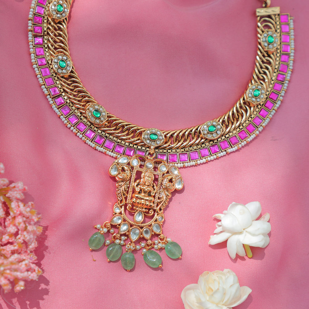 Elegant Jadau Jalebi design temple Necklace Set with Pink Stones and Lakshmi Pendant - Sparkle and Glow