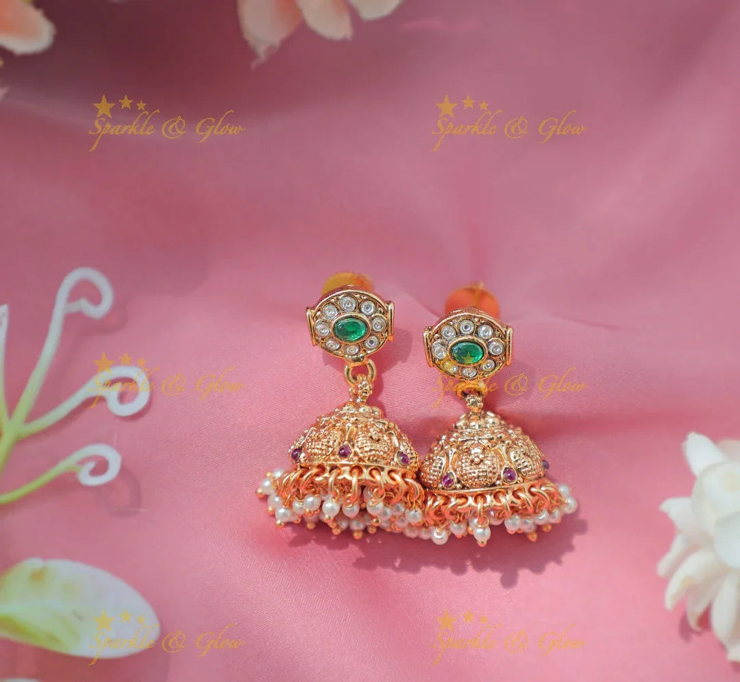 Elegant Jadau Jalebi design temple Necklace Set with Pink Stones and Lakshmi Pendant - Sparkle and Glow