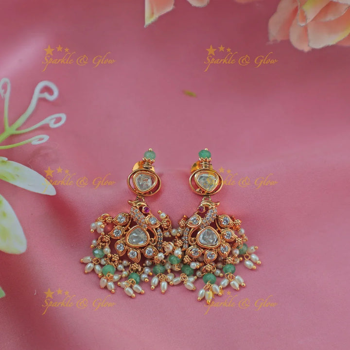 Stunning Jadau Kundan Guttapusalu Bridal Short Necklace Set with Green Beads and Pink Accents - Sparkle and Glow