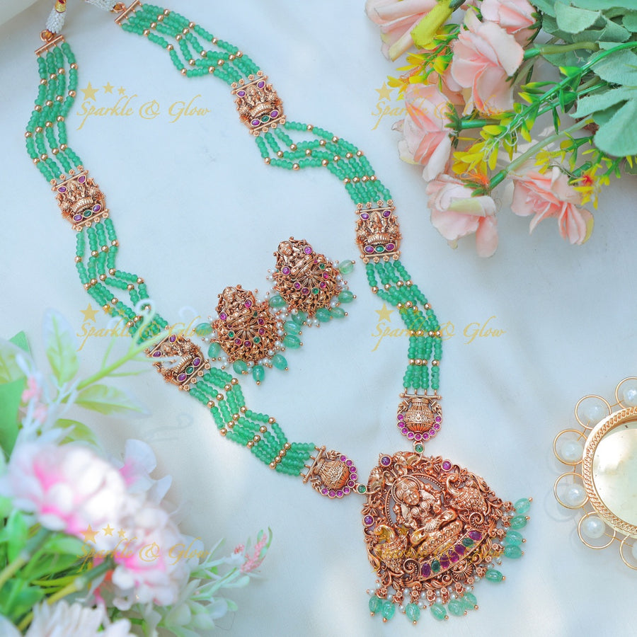 Stunning Lakshmi peacock pendant carved Mintgreen beaded Haram - Sparkle and Glow