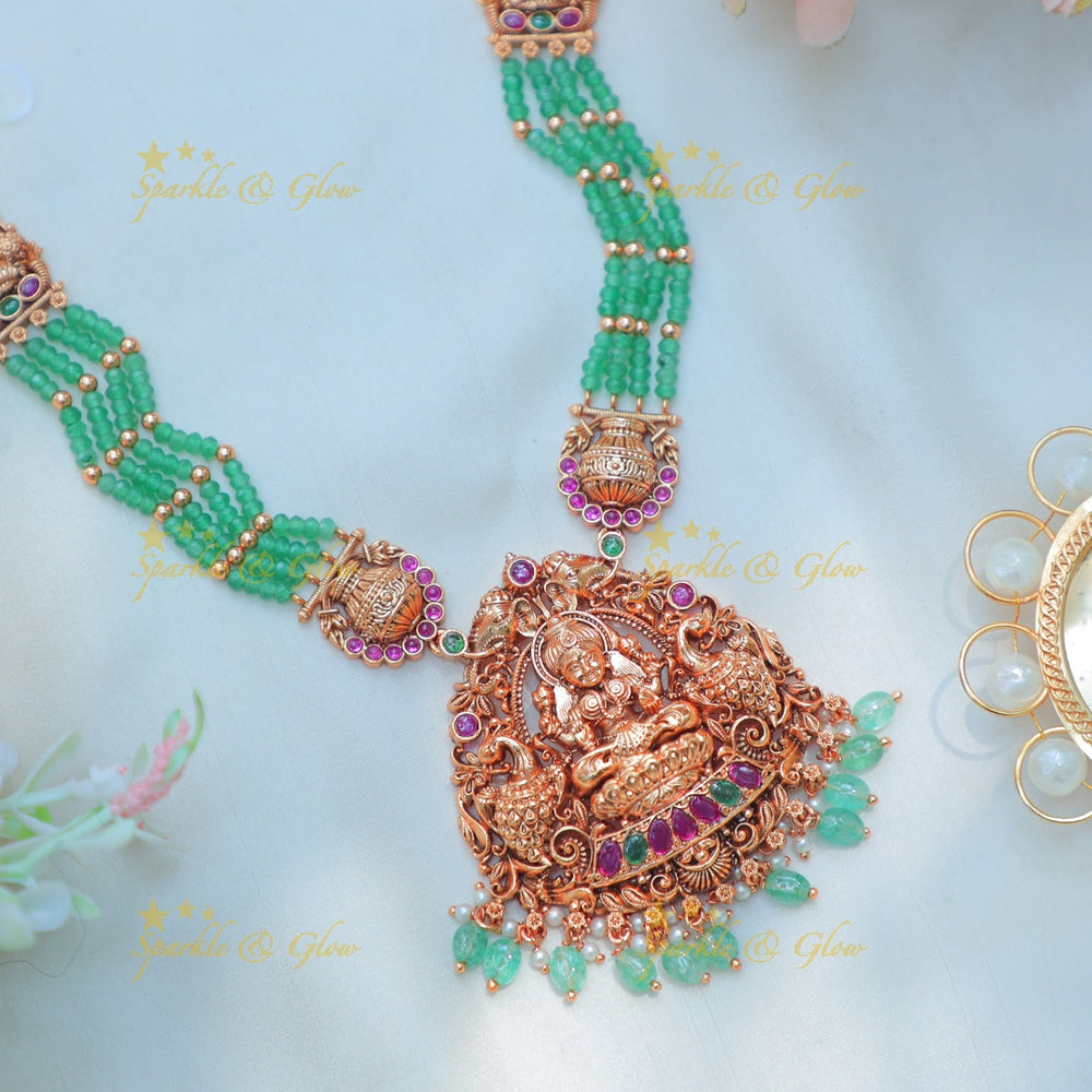 Stunning Lakshmi peacock pendant carved Mintgreen beaded Haram - Sparkle and Glow