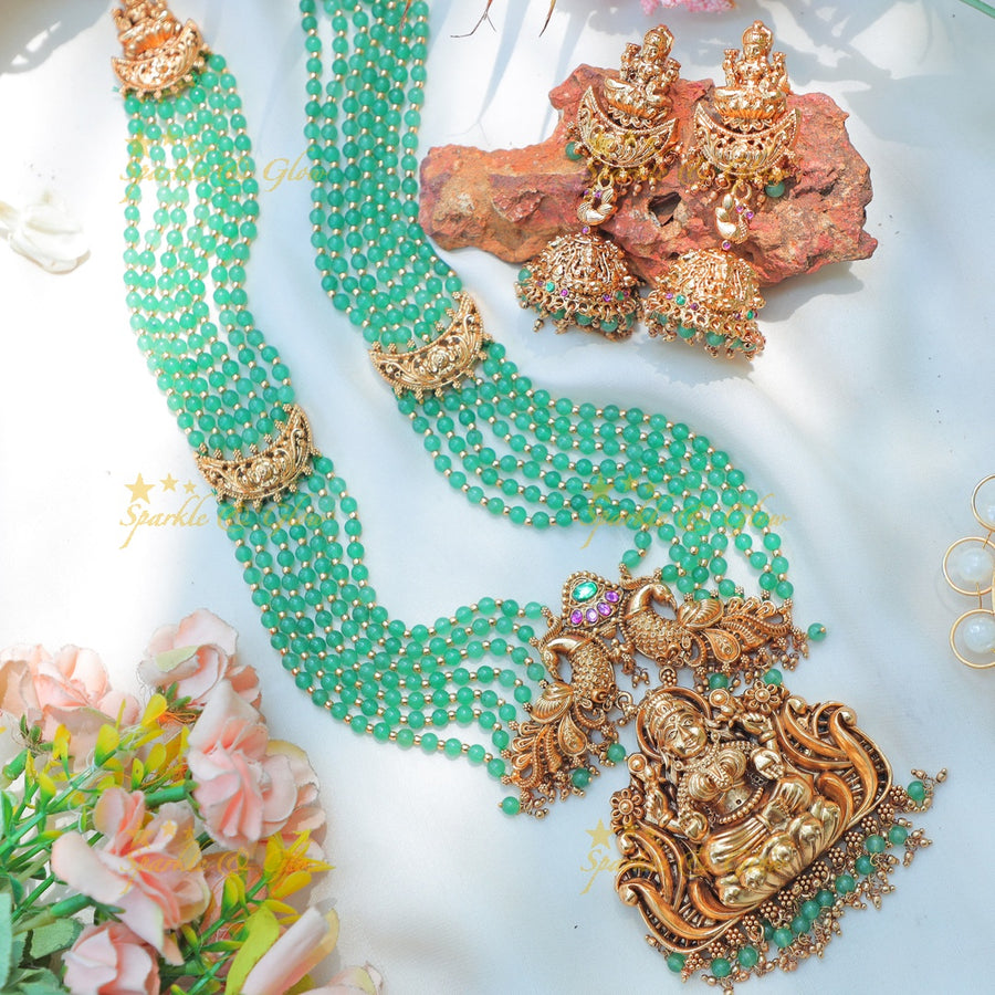 Stunning Idol Lakshmi Peacock pendant carved Multilayered Mintgreen beaded haram - Sparkle and Glow