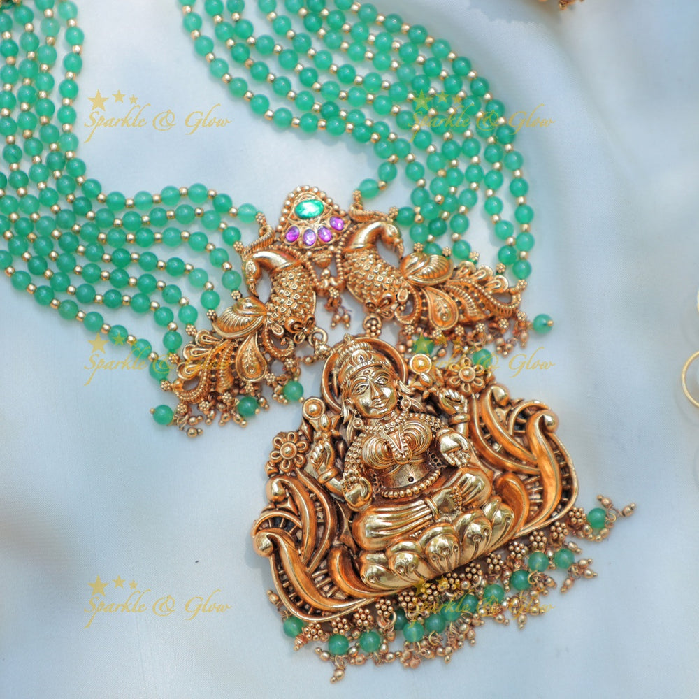 Stunning Idol Lakshmi Peacock pendant carved Multilayered Mintgreen beaded haram - Sparkle and Glow
