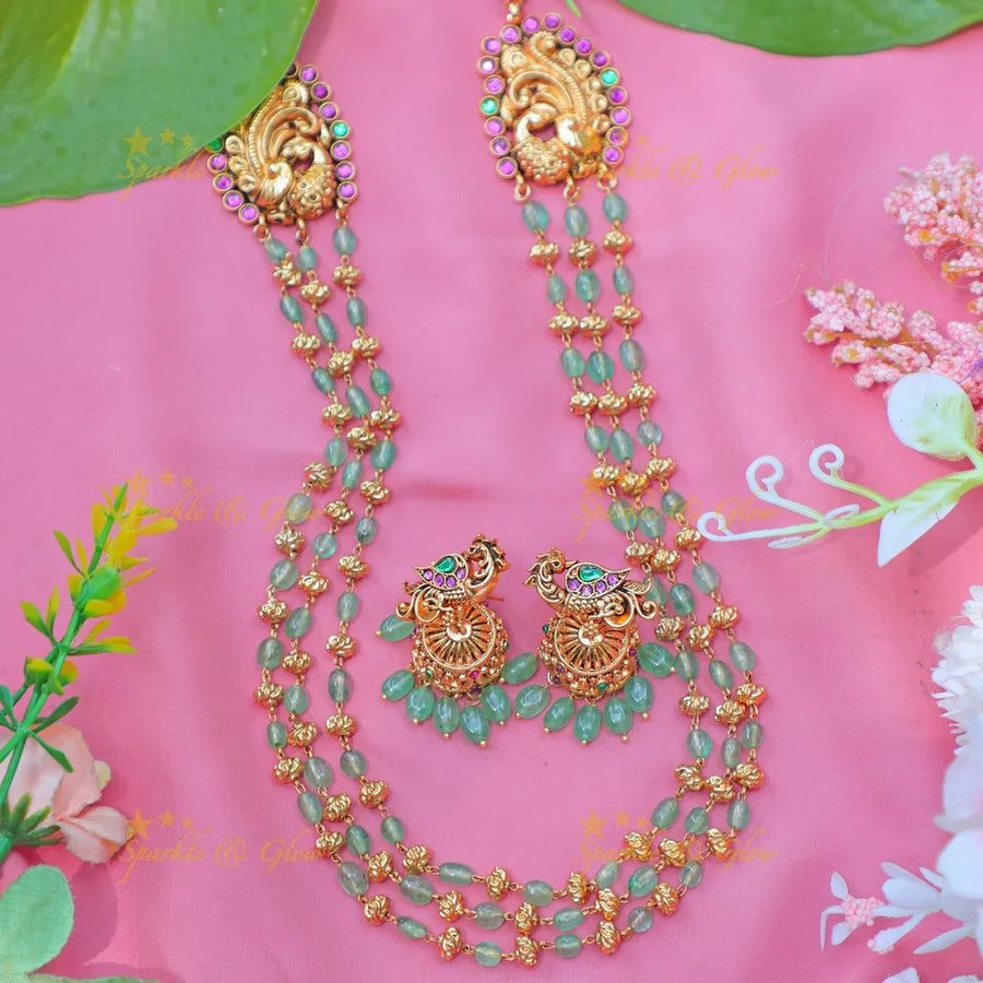 Stunning Antique gold alike Peacock Motif Beaded Necklace Set with Green Drops - Sparkle and Glow