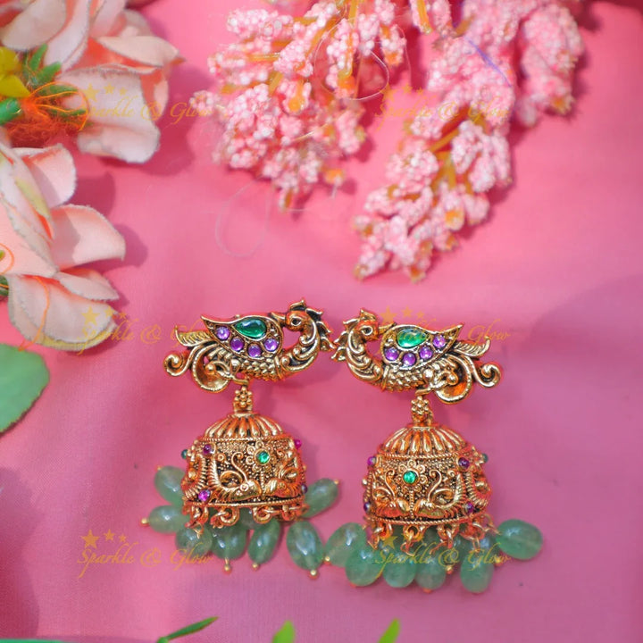 Stunning Antique gold alike Peacock Motif Beaded Necklace Set with Green Drops - Sparkle and Glow