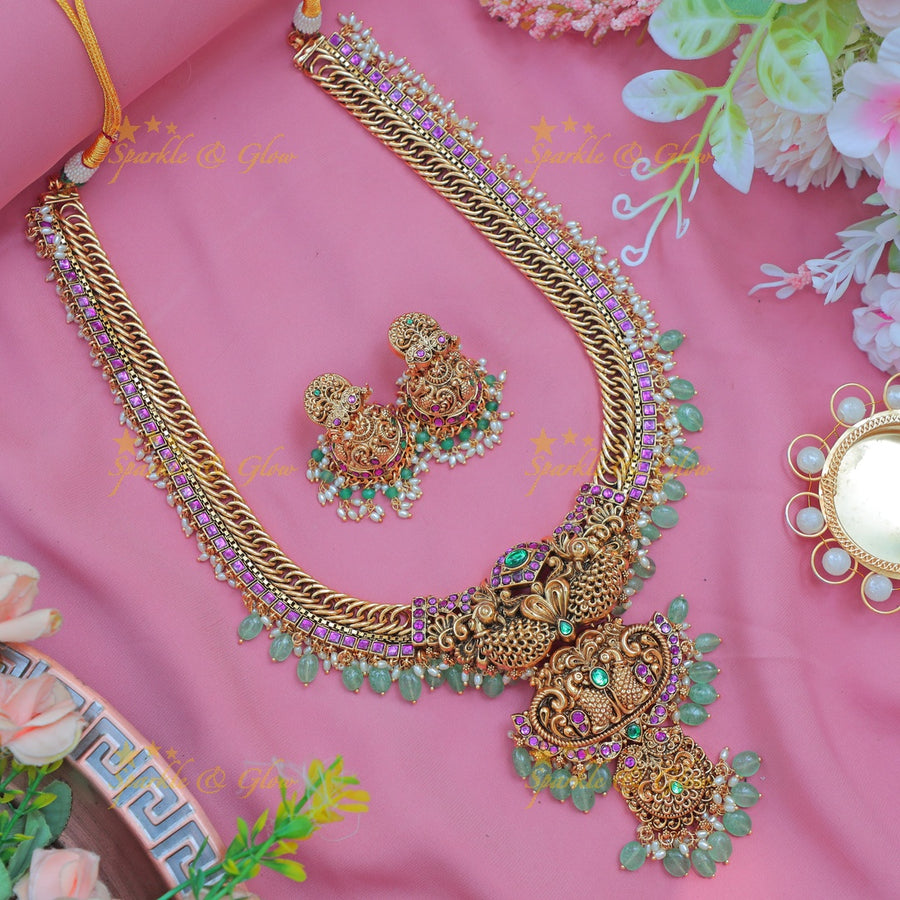 Stunning Jadau Jalebi design Kundan Peacock Temple Haram with Green Beads & Pink Stones - Sparkle and Glow