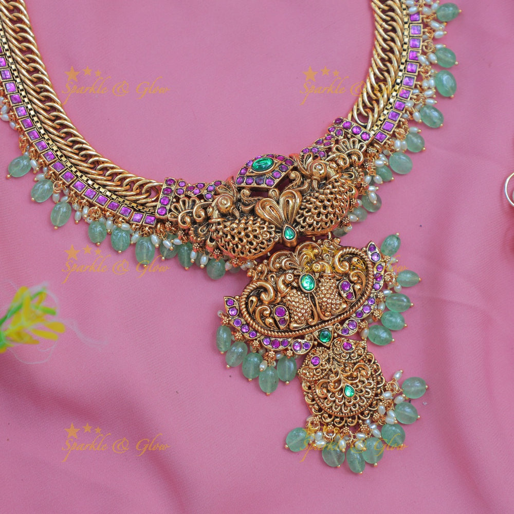 Stunning Jadau Jalebi design Kundan Peacock Temple Haram with Green Beads & Pink Stones - Sparkle and Glow