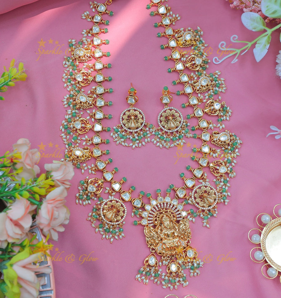 Elegant Jadau Kundan Lakshmi Haram with Green Beads and Rice Pearl Drops - Sparkle and Glow