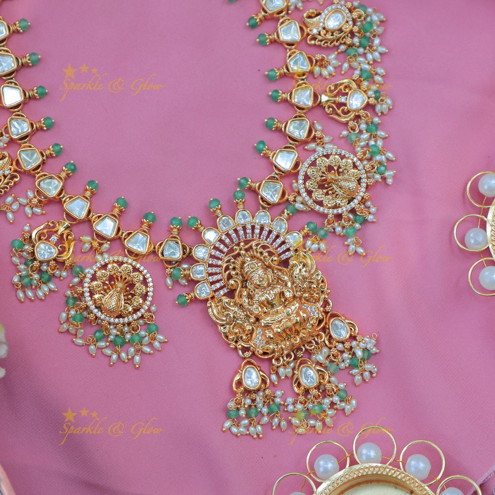 Elegant Jadau Kundan Lakshmi Haram with Green Beads and Rice Pearl Drops - Sparkle and Glow