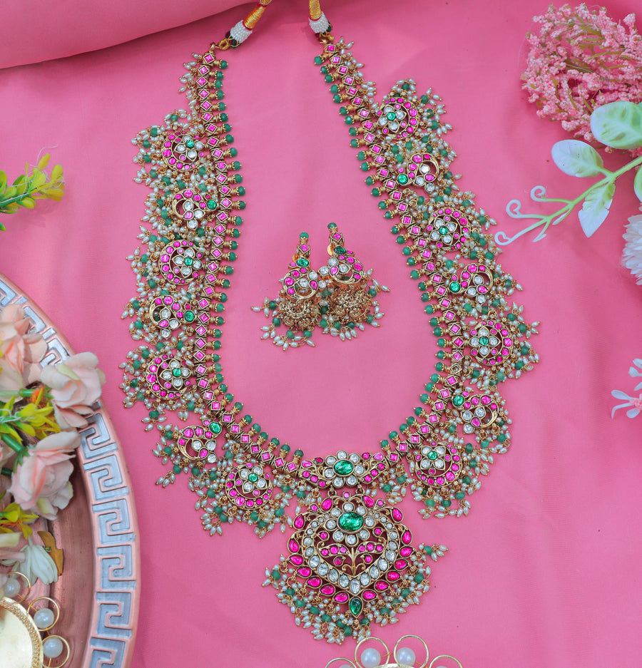 Grand Jadau Kundan Floral guttapusalu Haram with Pink & Green Stones and Pearl Drops - Sparkle and Glow