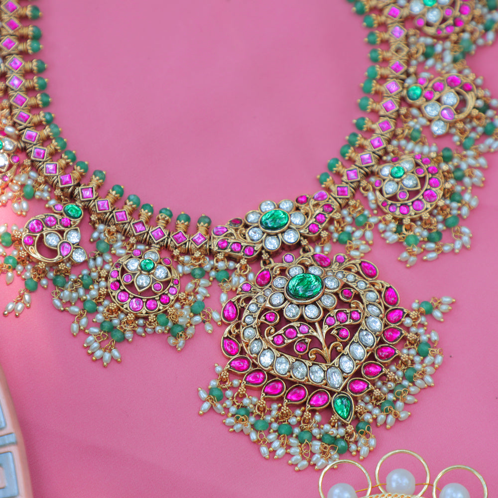 Grand Jadau Kundan Floral guttapusalu Haram with Pink & Green Stones and Pearl Drops - Sparkle and Glow