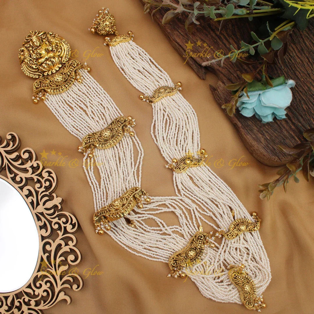 Celebrity Inspired Idol Lakshmi Peacock carved pearl layered Jadabilla - Sparkle and Glow