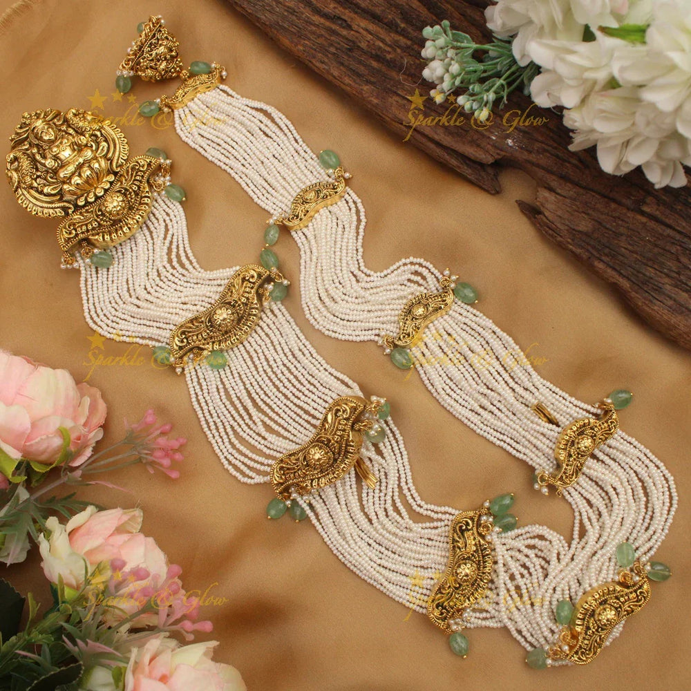 Celebrity Inspired Idol Lakshmi Peacock carved pearl layered Jadabilla - Sparkle and Glow