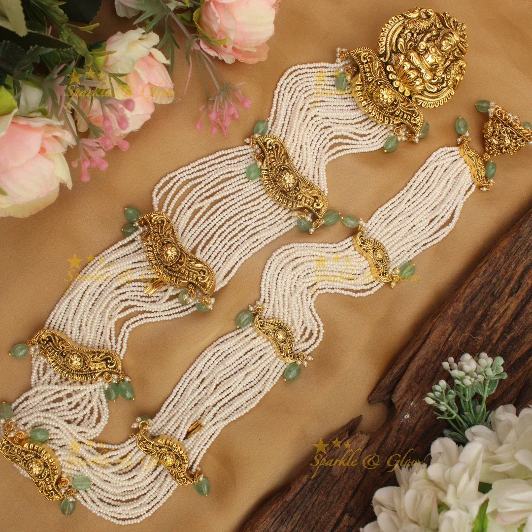 Celebrity Inspired Idol Lakshmi Peacock carved pearl layered Jadabilla - Sparkle and Glow