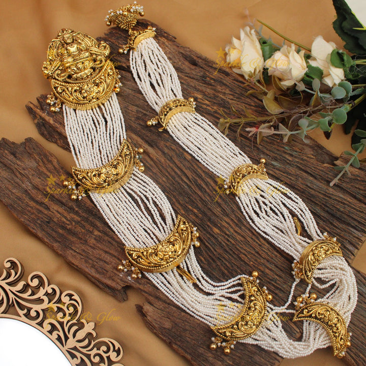 Celebrity Inspired Idol Lakshmi Leaf Floral carved Multi strand Pearl Jadabilla