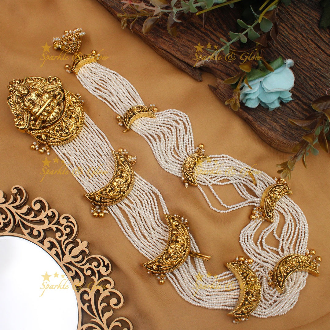 Celebrity Inspired Idol Lakshmi Leaf Floral carved Multi strand Pearl Jadabilla