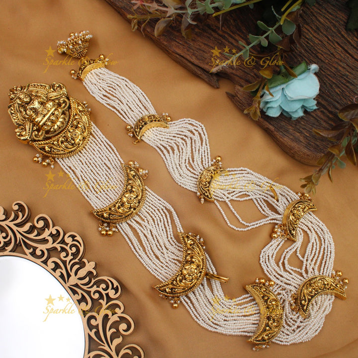 Celebrity Inspired Idol Lakshmi Leaf Floral carved Multi strand Pearl Jadabilla