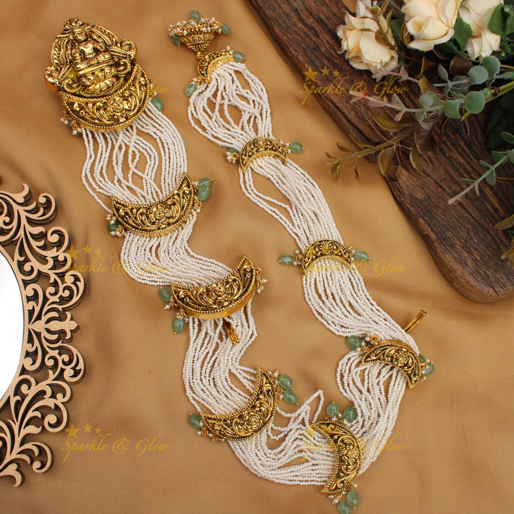 Celebrity Inspired Idol Lakshmi Leaf Floral carved Multi strand Pearl Jadabilla