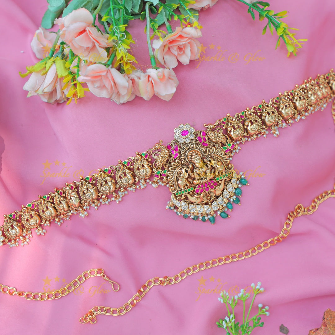 Stunning Goddess Lakshmi Pink & Green Stone Temple Hipchain