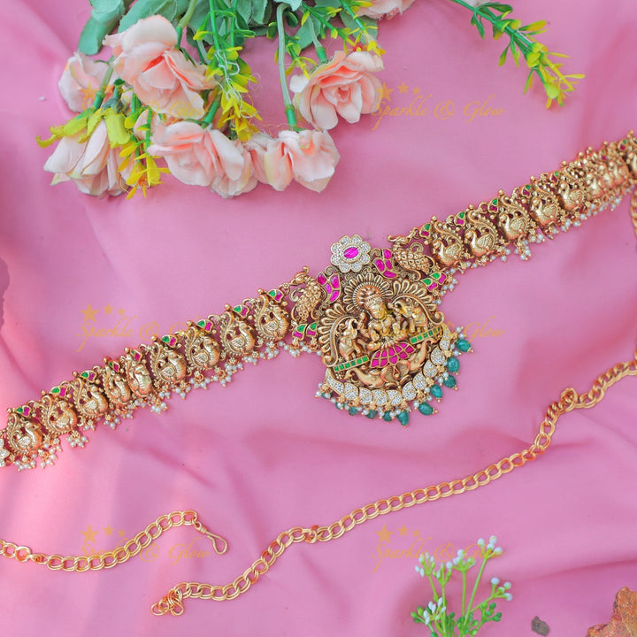Stunning Goddess Lakshmi Pink & Green Stone Temple Hipchain